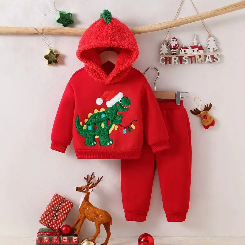 Newborn Baby Red Dinosaur Romper 2-Piece Set Hooded Bodysuit Jumpsuits One-pieces Christmas Toddler Outfits
