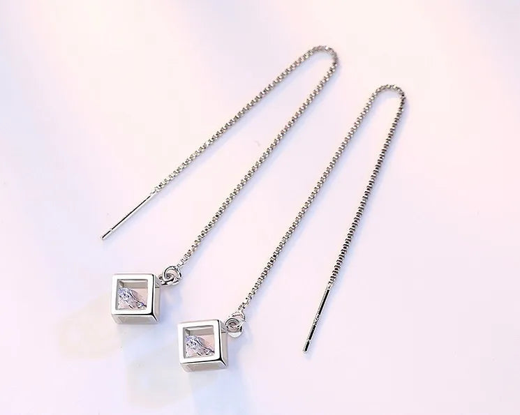 925 Sterling Silver Long Tassel Crystal Square Cube Zirconia Drop Earrings For Women Girs Sterling-silver-jewelry Pendiente
