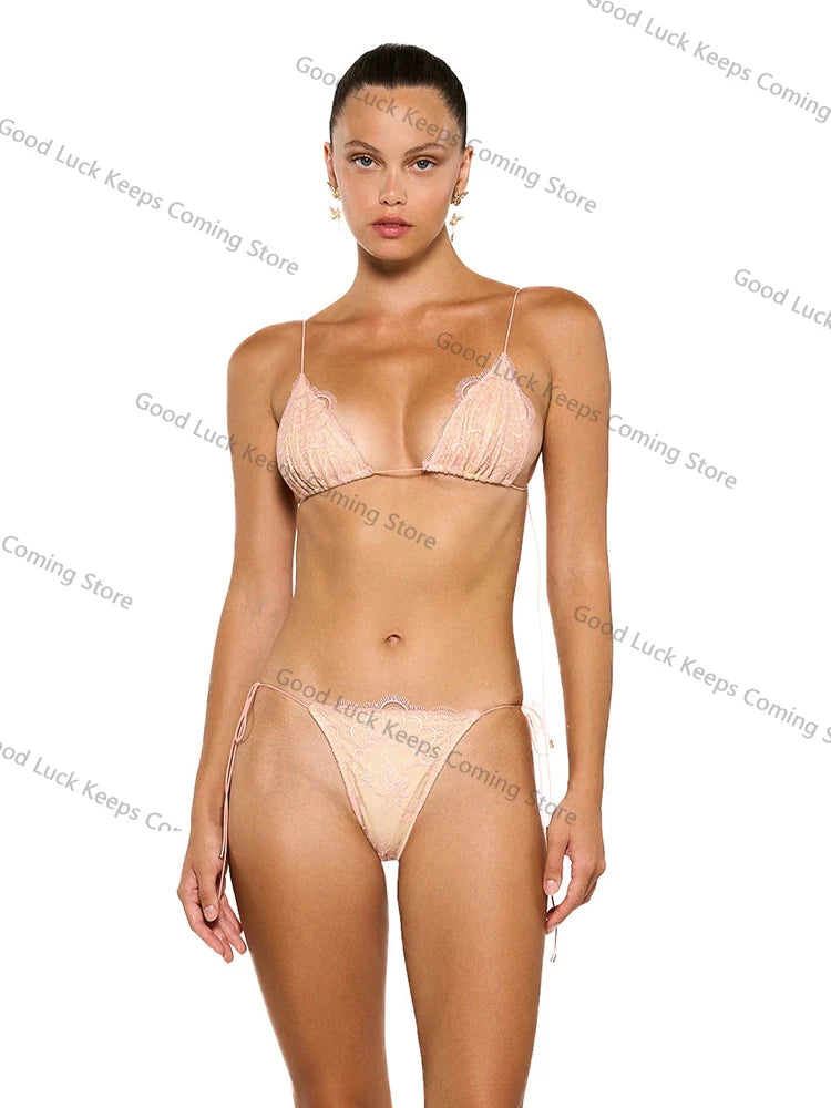 Micro Thong Triangle Swimwear Sexy Lace Bikini Set 2025 Swimsuit Women 2 Piece Beachwear Bandage Bathing Suits Beach Wear