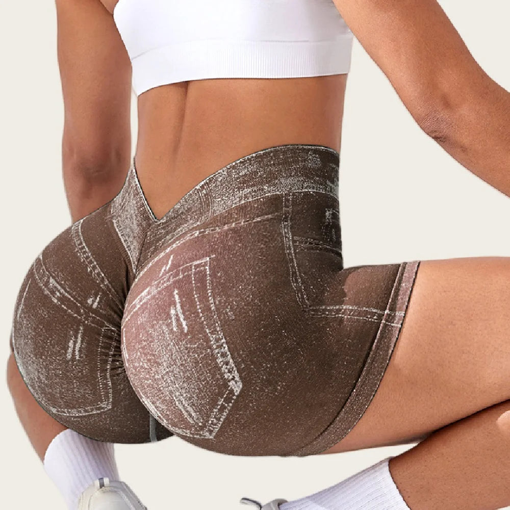 High Waist Women's Sports Shorts Hip Lifting and Body Shaping Faux Denim Jeans Stretch Short Leggings