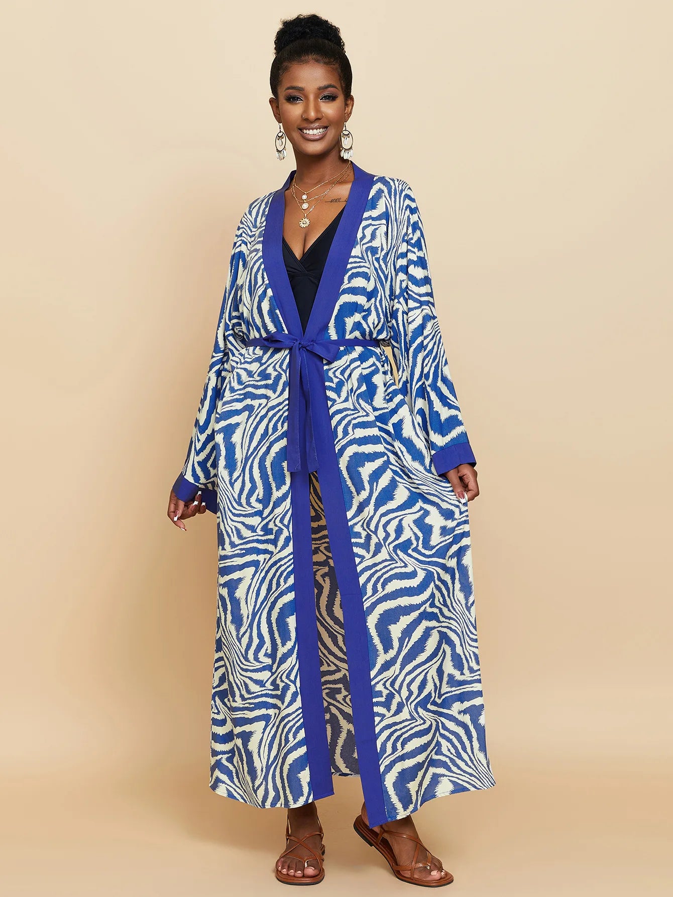 Zebra Beach Cover Ups for Women Long Sleeve Kimono Dress Self Belted Rayon Elegant Pareo 2023 Bathing Suits Holiday Beachwear