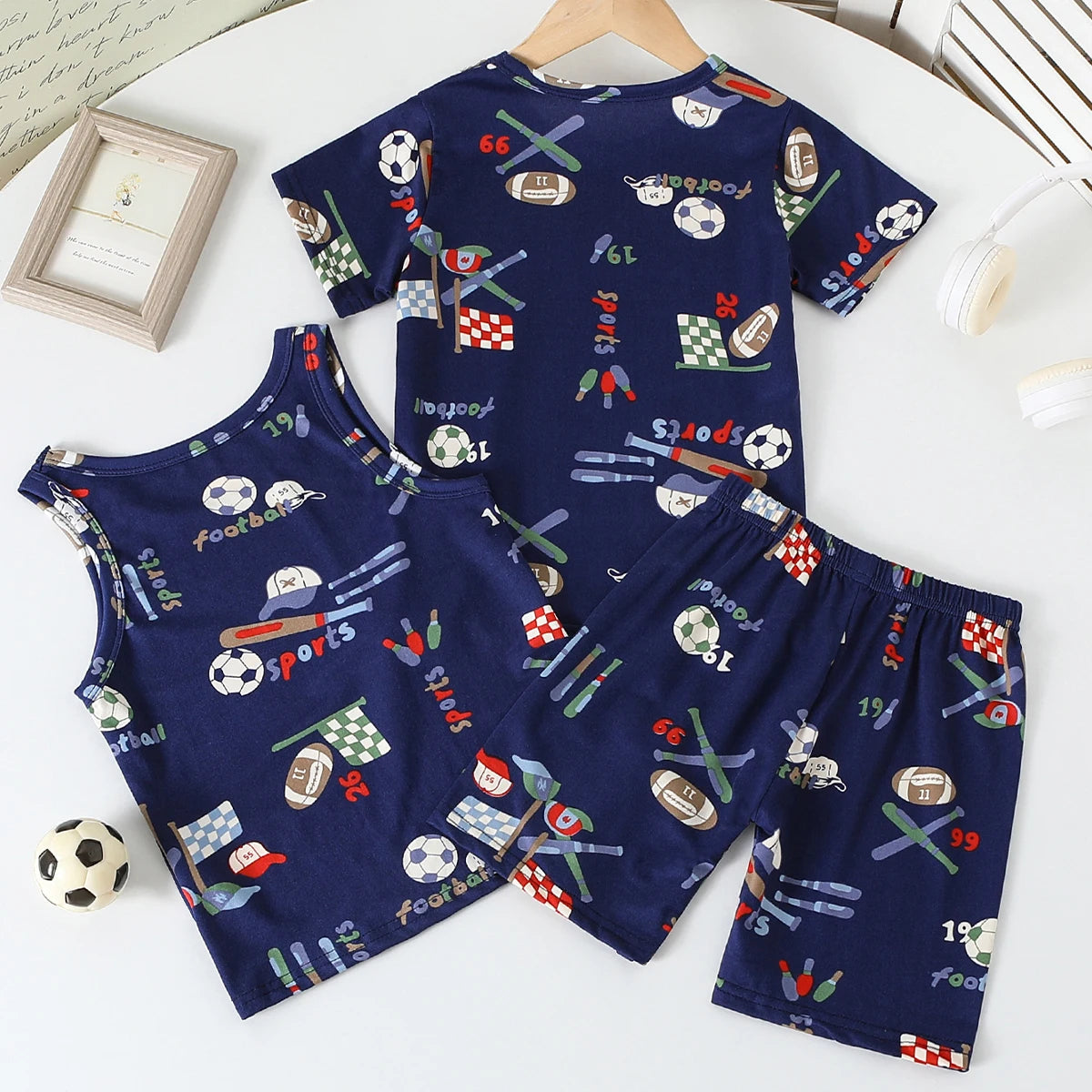 3-Piece Set of Children's Ball Printed Short-Sleeved Vest, Shorts, Pants Combination Set, Boys' Comfortable Pajamas Home Clothes