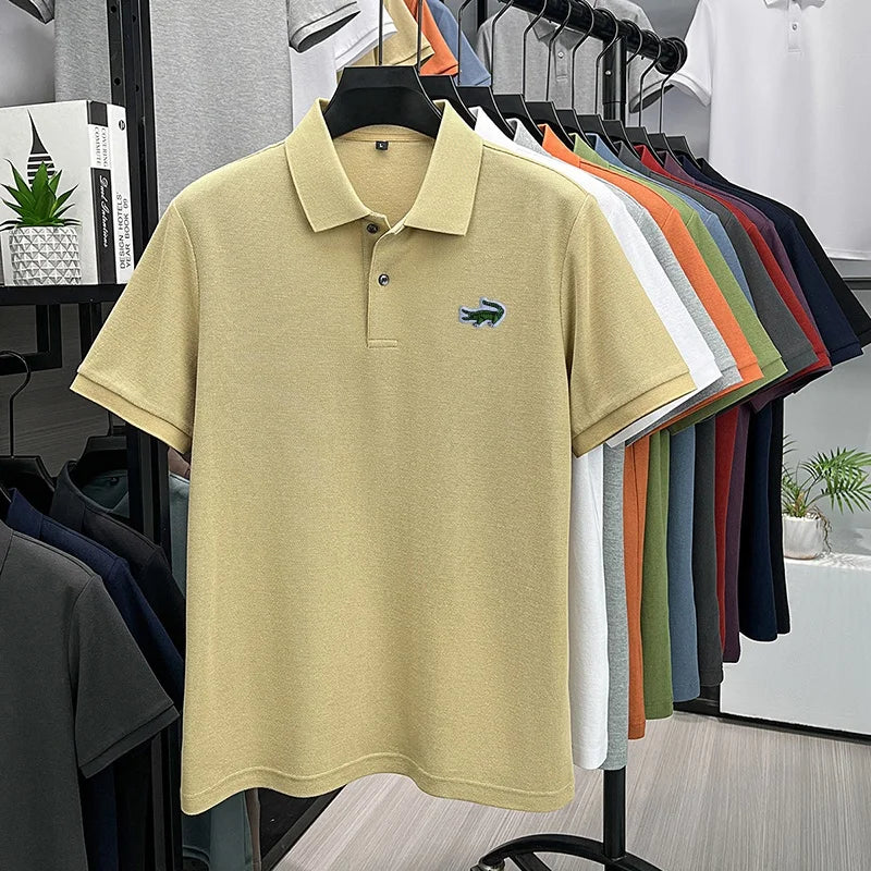 100% Cotton High-End Men New Short-Sleeved Polo Shirt Lapel Button Embroidery British Style Fashion Snug Hot-Selling Men's Wear