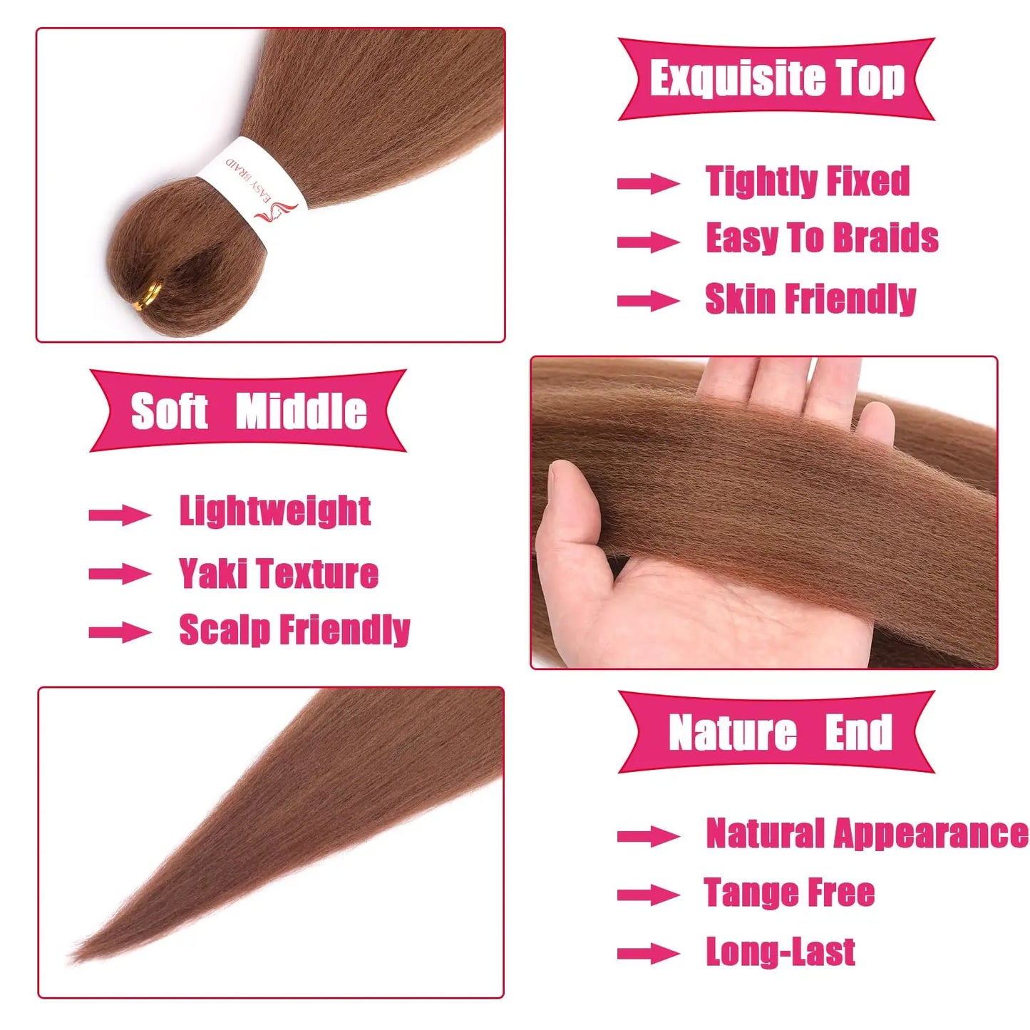 Brown Braiding Hair Pre 3 Packs Pre stretched Braiding Hair Yaki Texture Synthetic Hair Extension Itch Free Hot Water Setting