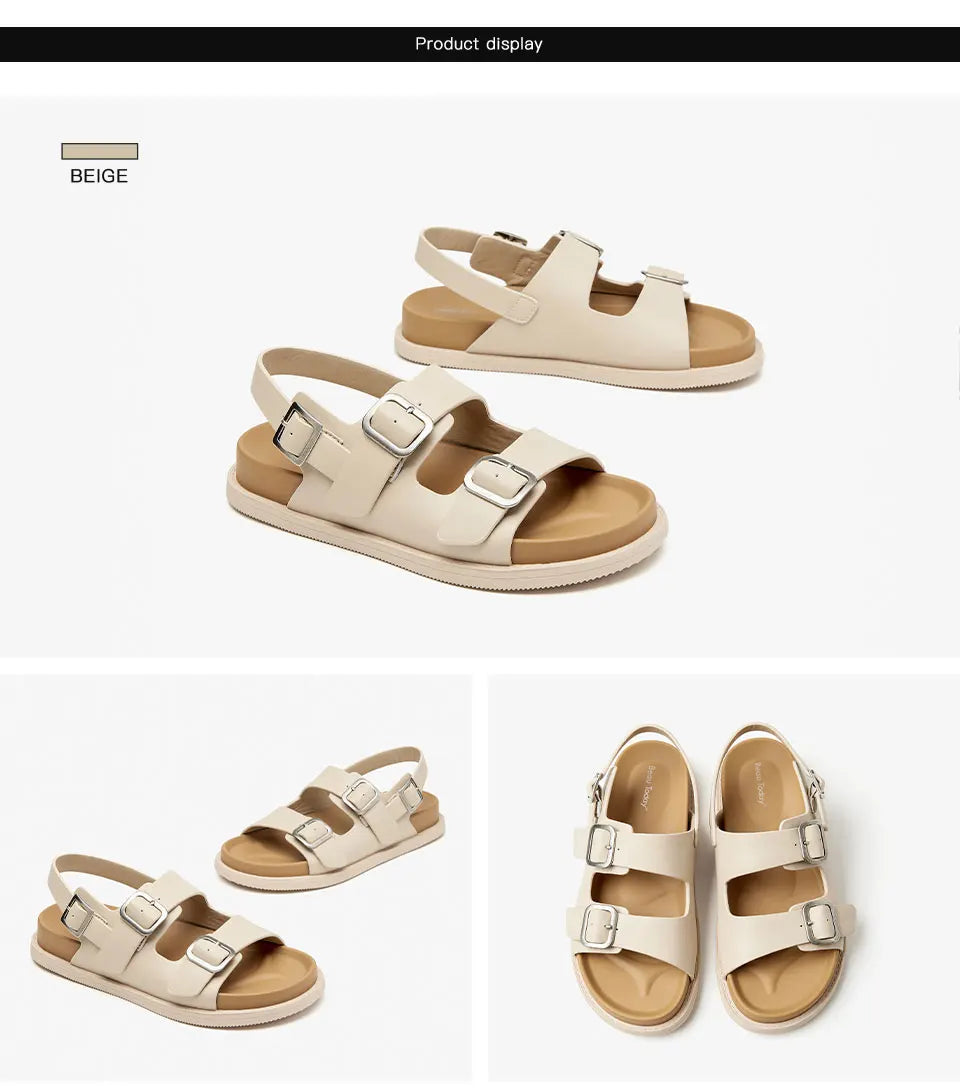 BeauToday Sandals Women Genuine Cow Leather Front and Real Strap Solid Color Flats Leisure Summer Ladies Shoes Handmade 34548
