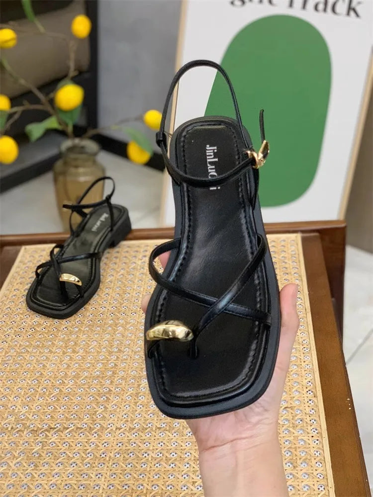 Sandals Women 2024 Summer New Fashion Square Toe Roman Shoes Simple Fairy Strap Women Shoes Flat Casual Shoe Sandalias De Mujer