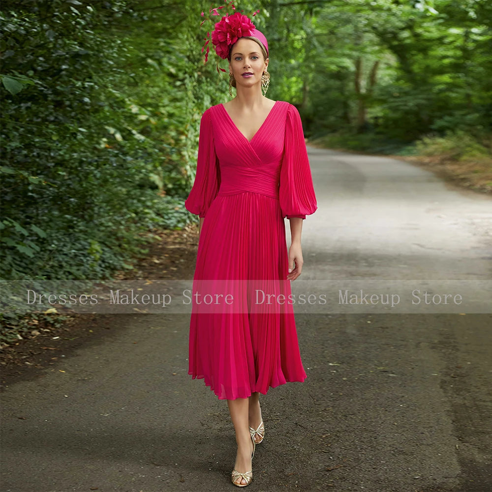 Pink Chiffon Wedding Guest Dress for Women 2023 A Line Mother of the Bride Gown  Weddings V Neck Puff Sleeves Midi Party