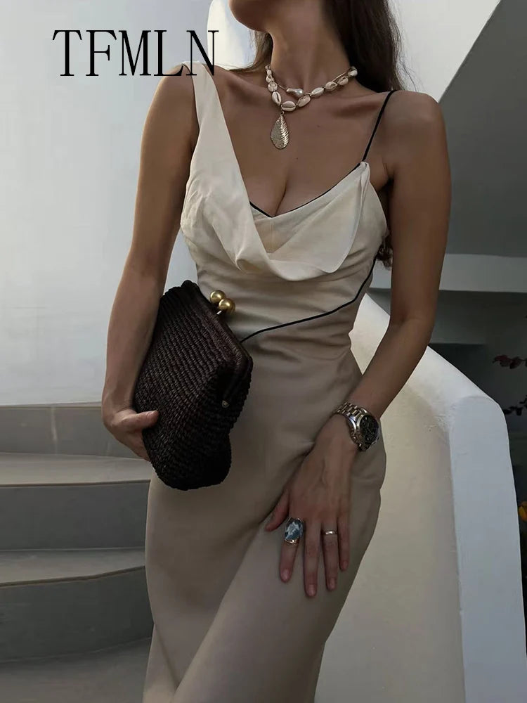 TFMLN Elegant Women Patchwork Slim Strap Dress 2025 Summer Pile Collar Sleeveless Beach Party Dress Sexy Asymmetrical Midi Dress