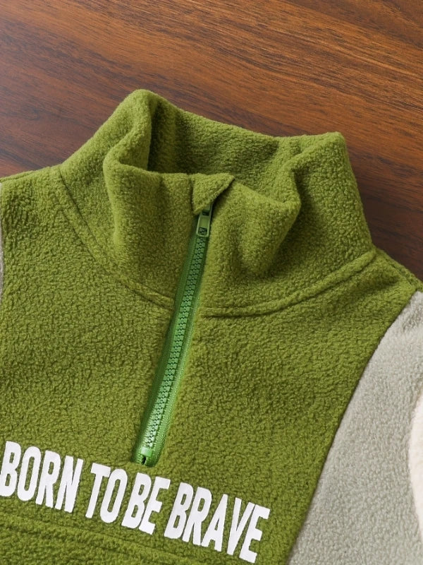 Kids Color Block Sherpa Fleece Set Half-Zip Stand Collar + "BORN TO BE BRAVE" Print Warm Autumn/Winter Two-Piece Outfit