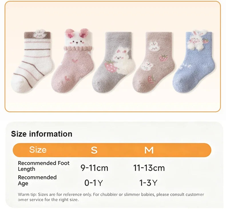 3/5 Pairs Cute Cartoon Newborn Girls Socks Winter Warm Mid Calf Toddler Socks Soft Thickened Socks for Infant Toddler Girls