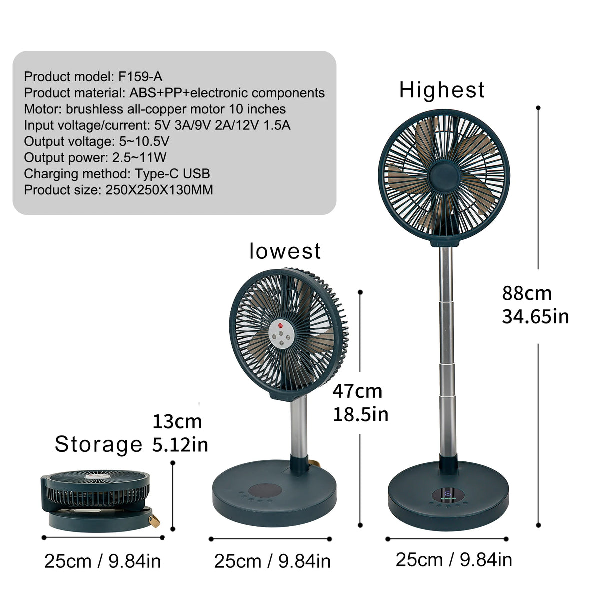 Portable Standing Fan with Remote Controller Foldable Desk Fan 10 inch fan blade Rechargeable Powered Pedestal Fan for Camping
