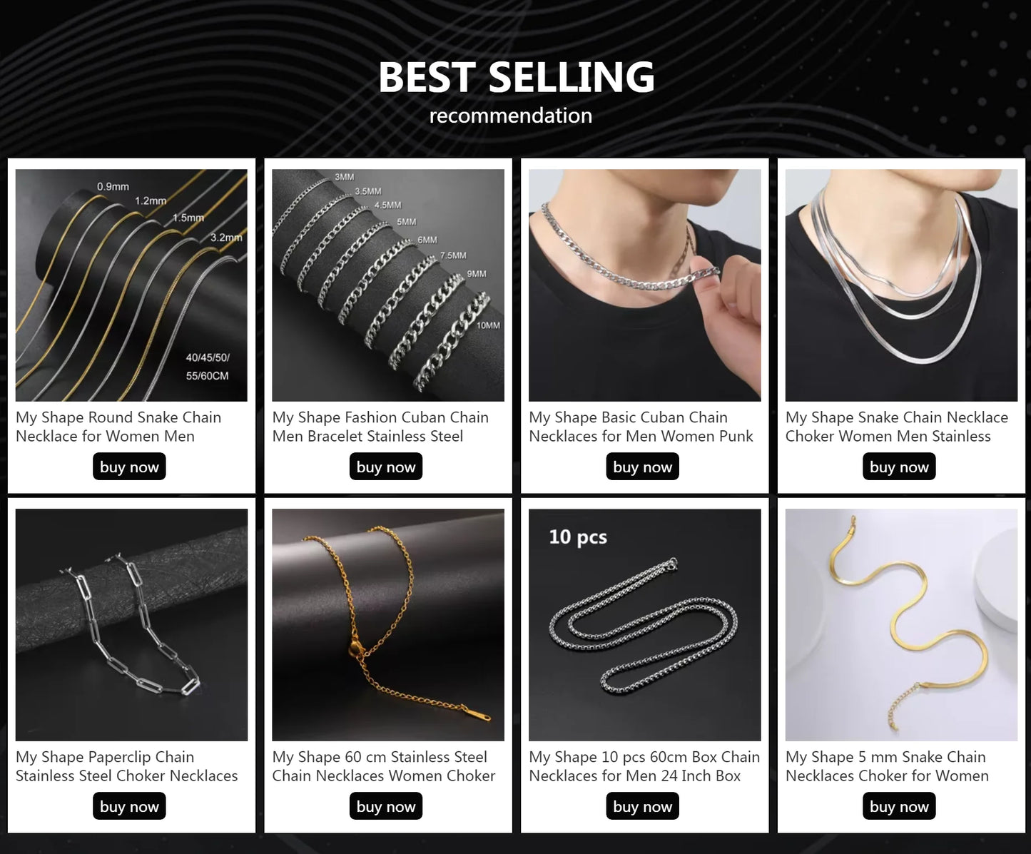 My Shape 10 pcs 60cm Box Chain Necklaces for Men 24 Inch Box Chain 2-3mm Chains Chokers Steel Color Fashion Jewelry Boys Gifts
