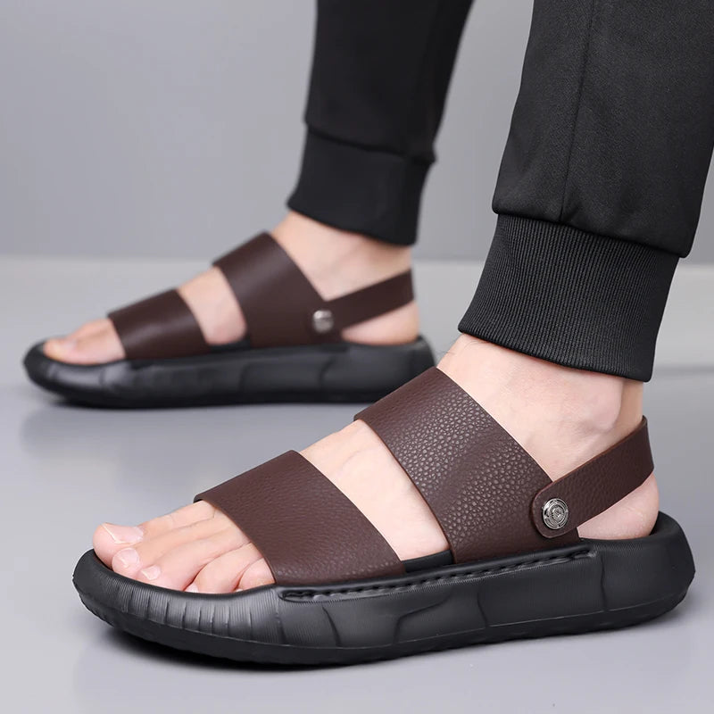 Man Retro Outdoor Comfort Thick Soled Leather Sandals Men's Summer New Men Sandals Luxury Quality  Beach Anti Slip Men Slippers