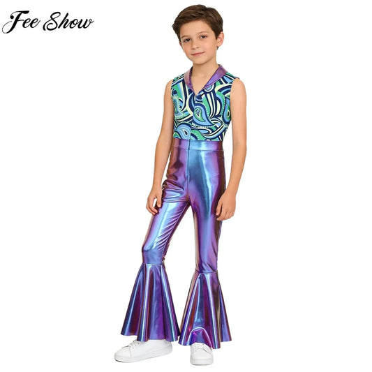 Children Boys 70-80s Disco Hippie Cowboy Costume Metallic Shiny Zipper Bell-bottom Jumpsuit for Halloween Carnival Cosplay Party