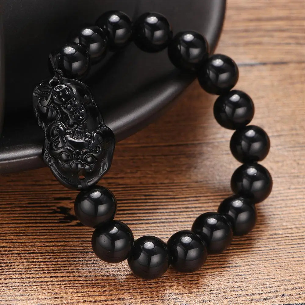 Fashion Jewelry Unisex Pixiu Men Attract Wealth Women Bracelets Obsidian Stone Beads Wristband Good Luck Bangle