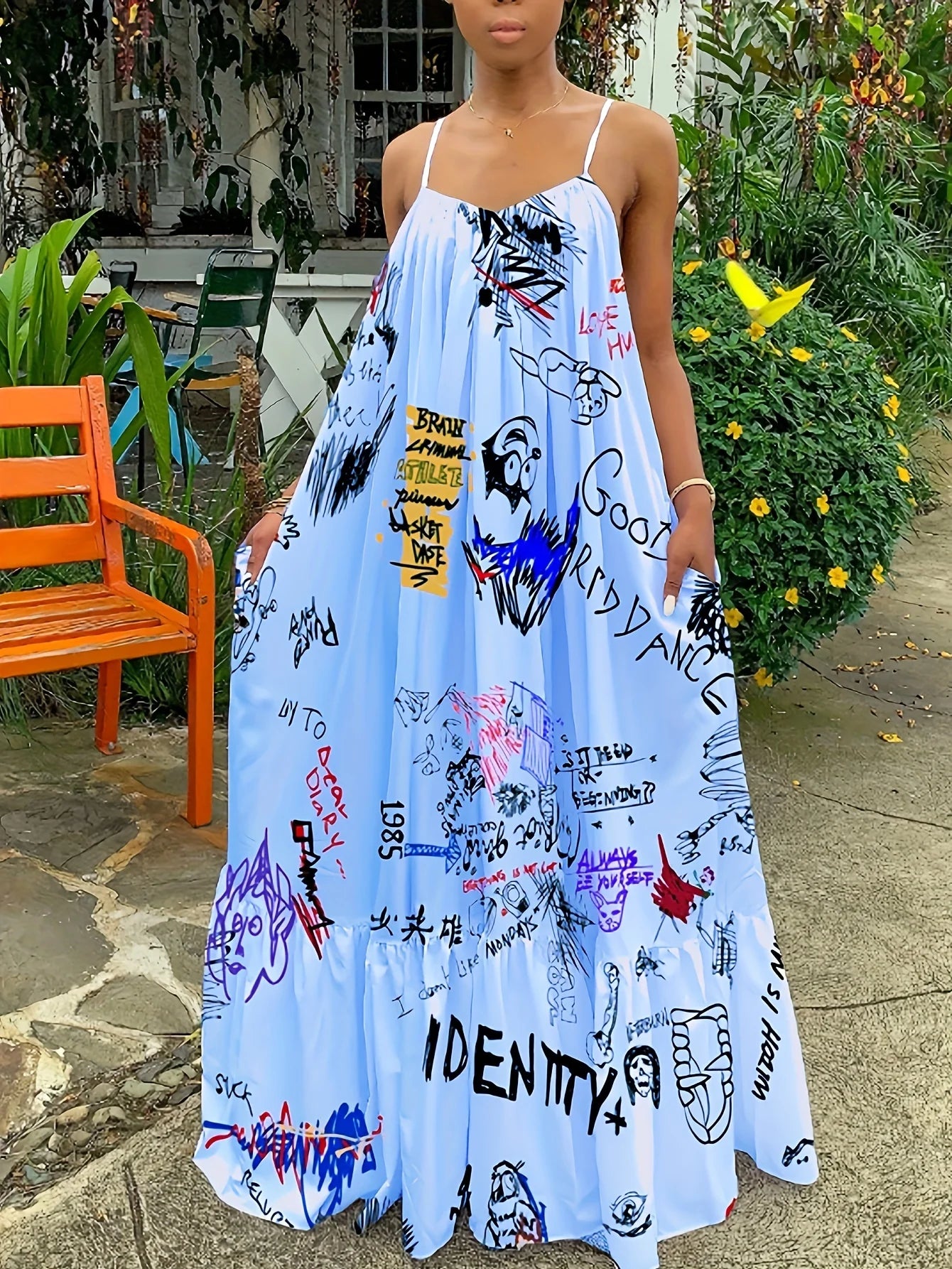 Sexy Summer Dress Women Print Spaghetti Strap Sleeveless Maxi Dress Fashion Pocket Loose Slip Dress Sukienki Letnie