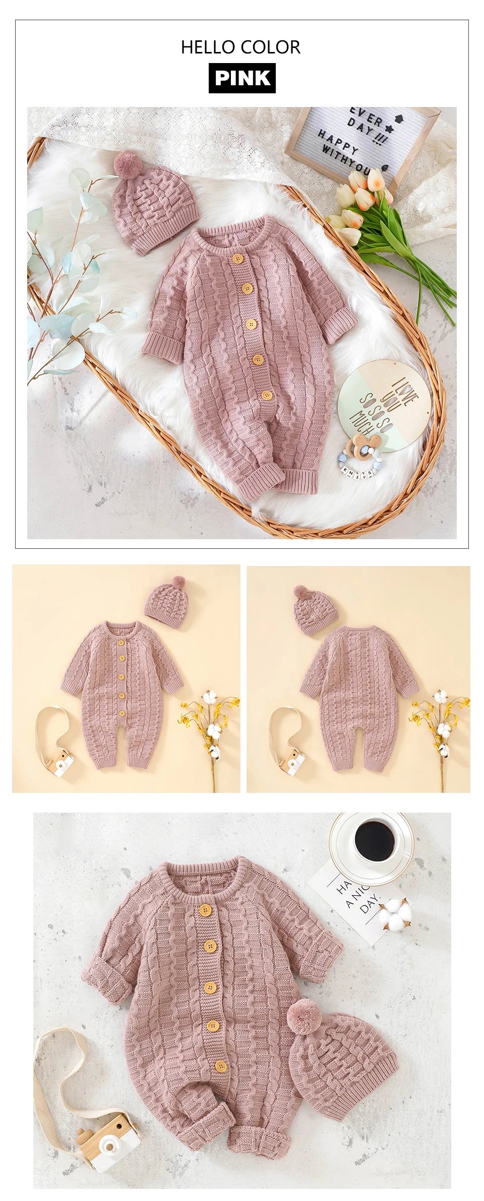 Winter Baby Rompers Clothes Solid Long Sleeve Knitted Newborn Boys Girls Jumpsuits Hats Outfits Sets 0-18m Autumn Infant Costume