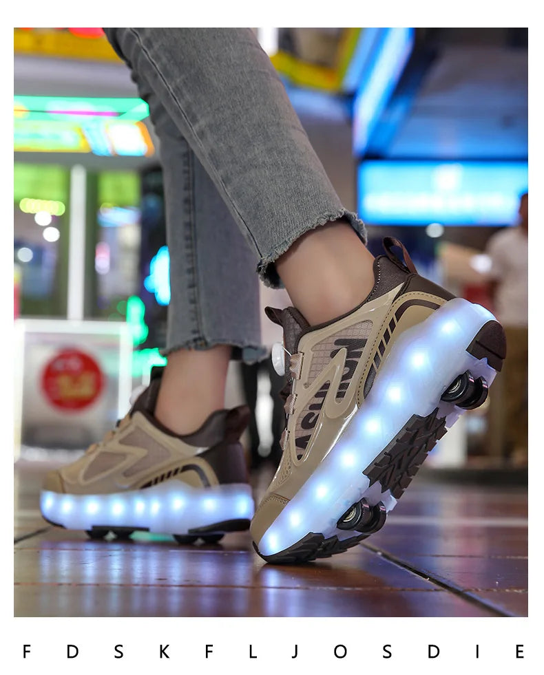Children's Roller Skate Shoes 4-Wheels Removable Wheeled Rolling Shoes for Kids with LED Light Inline Skate Sneaker
