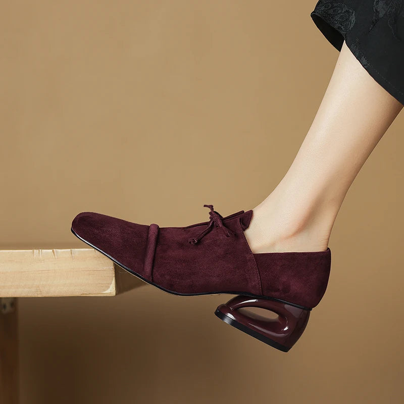 2025 New Women Pumps Sheep Suede Leather Shoes for Square Toe Low Heel Shoes Casual Lace-up Handmade Shoes 34-42 Women Heels