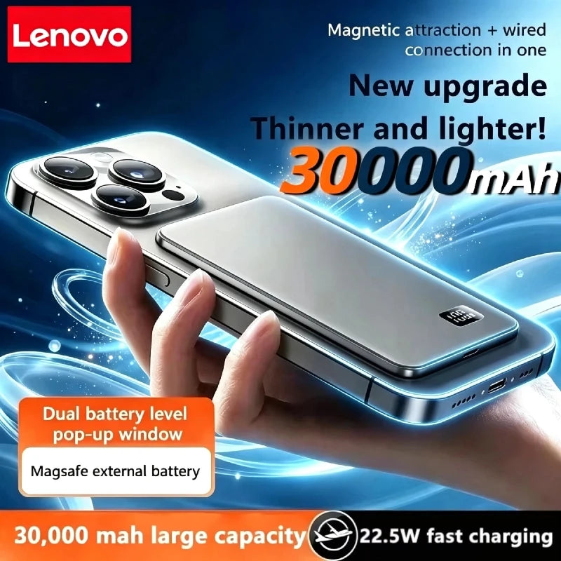 Lenovo 30000mah High-capacity Magnetic Wireless Fastcharging Powerbank Lightweight Portable For Air Travel With External Battery