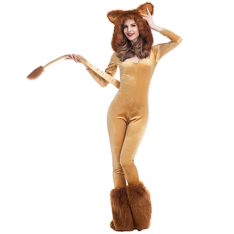 Halloween Costume For Adult Women Lion King Cosplay Animal Cartoon Lion Plush Hooded Jumpsuit With Tail+Leg Cover