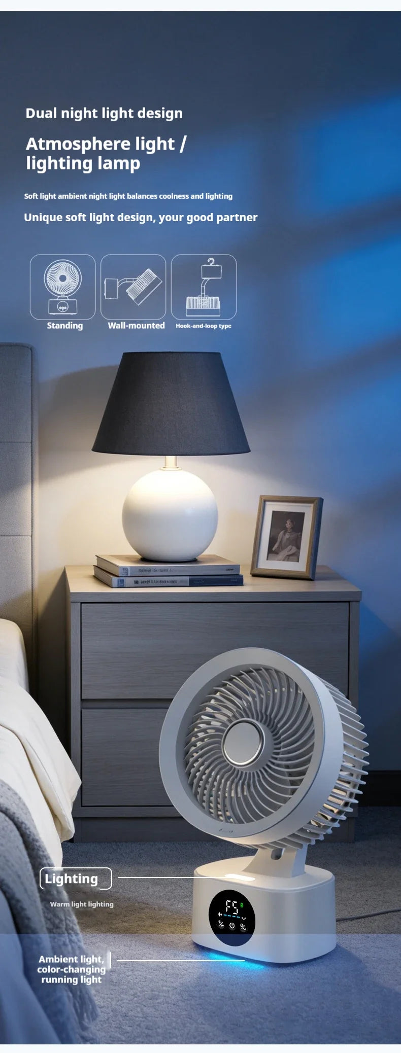 2026 New Upgrade Portable Rechargeable USB Wall Hanging Fan Remote Control Folding Shaking Head Fan With Nightlight Air