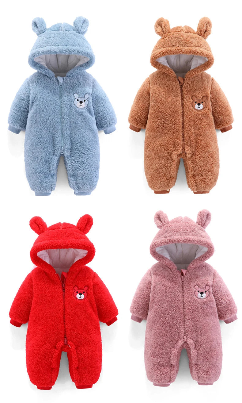 Baby Boy Clothes Cute Plush Bear Baby Rompers Autumn Winter Keep Warm Hooded Infant Girls Overall Jumpsuit Newborn Romper 0-18M