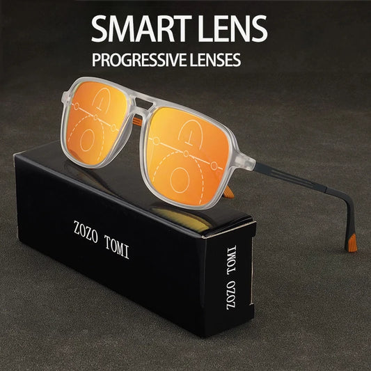 Progressive Multifocal Reading Glasses Intelligent Zoom Anti Blue Light Eyewear Alloy Temples Square Clear/Red Coating Glasses