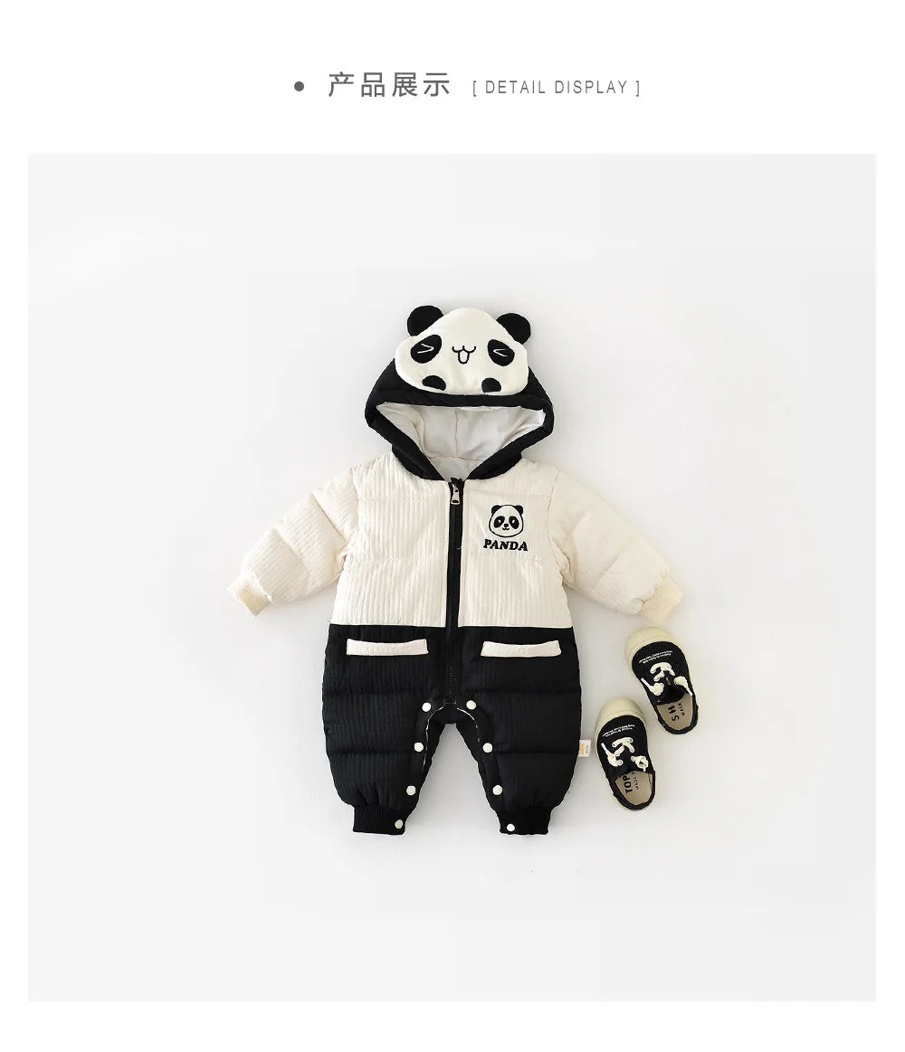 2024 Winter Baby Long Sleeve Warm Hooded Romper Cute Panda Print Newborn Plus Velvet Thick Jumpsuit Infant Girl Boy Warm Clothes