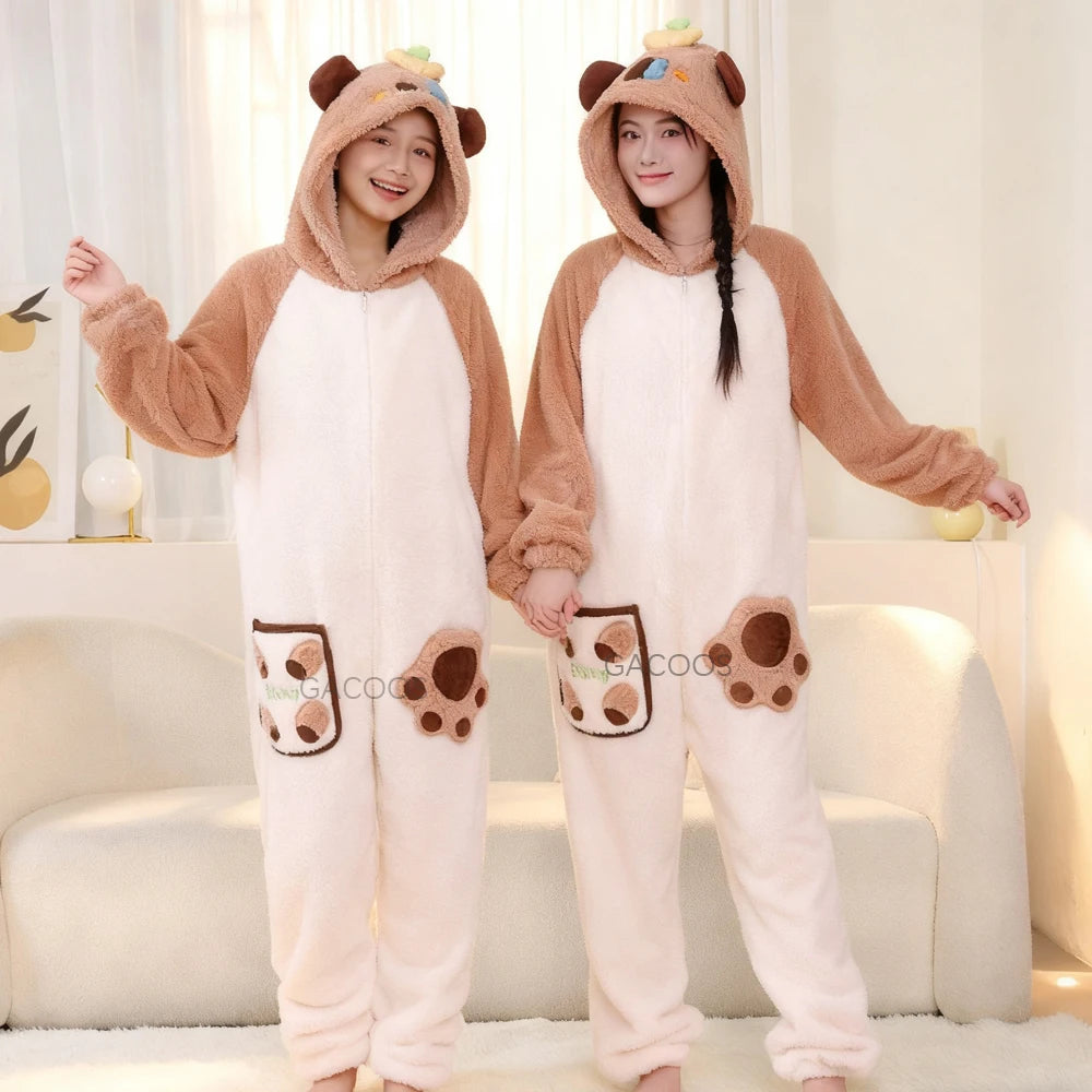 New Children Kigurumi Onesie Boys Girls Flannel Sleepwear Unisex Cypabara Cartoon Pajamas Winter Warm Flannel Hooded Jumspuits