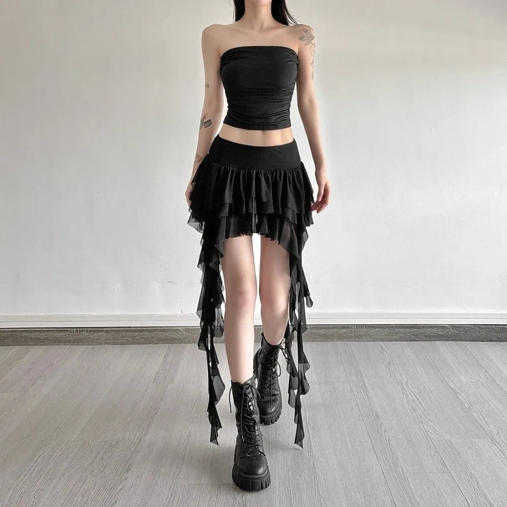 Casual High Waist Women's Tiered Skorts Layered Asymmetrical Hem Mini Skirt Ruffled Flowy Goth Skirt Summer Wear