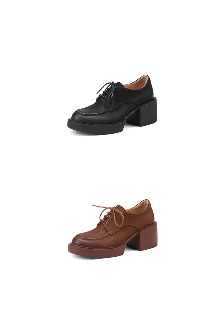 NEW Spring/Autumn Women Shoes Genuine Leather Round Toe Platform Shoes Women Solid Lace Women Pumps Thick Heel Shoes for Women