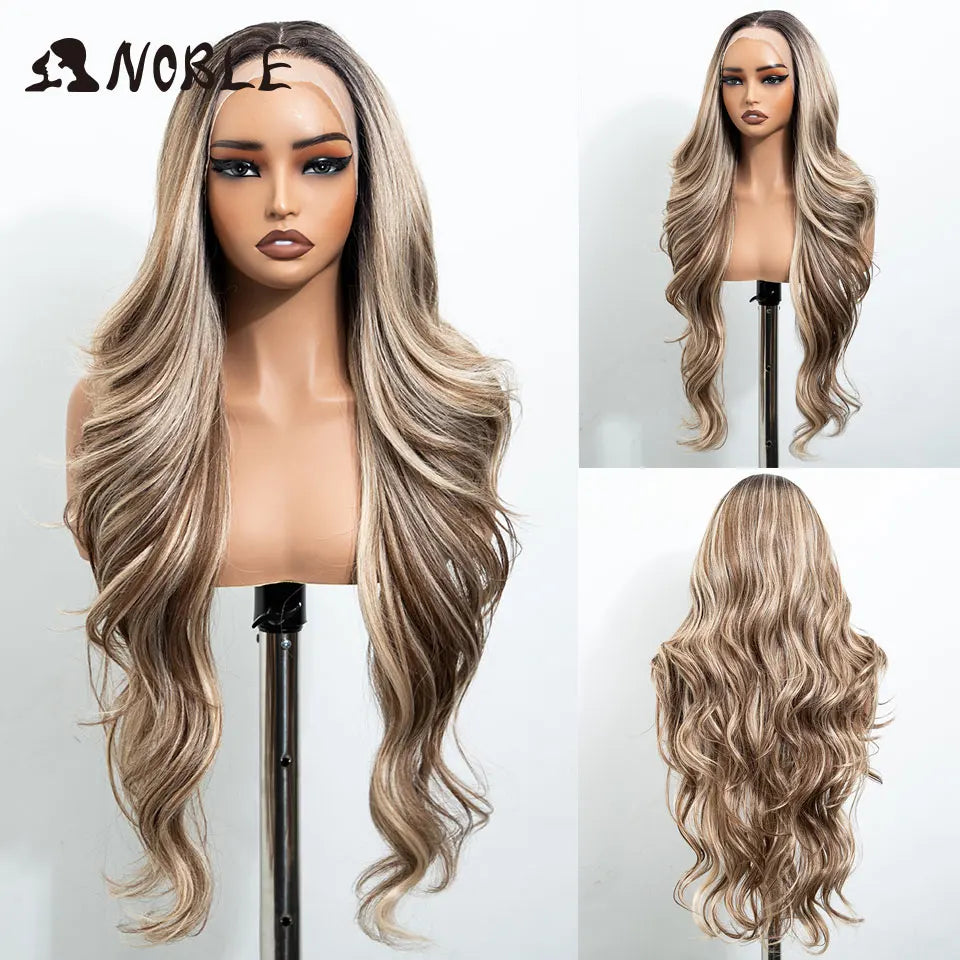 Noble 30 Inch Synthetic Lace Front Wigs For Women Curly Ash Blonde Highlight 13x4 Body Wave Silk Base Lace Wig Cosplay Daily Wig