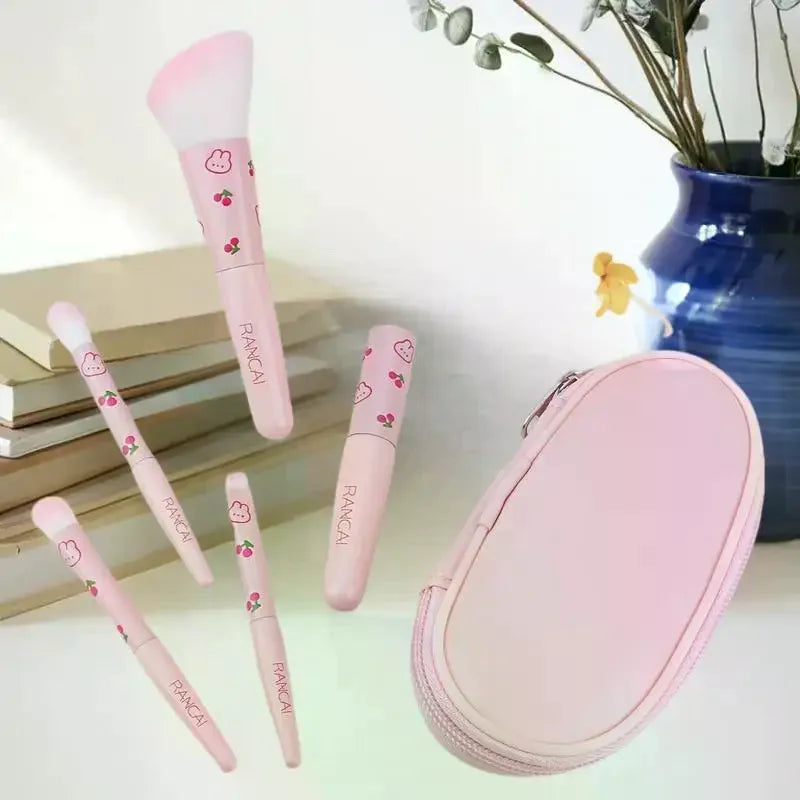 5pcs Cute Compact Makeup Brush Set With Case Premium Brush For Flawless Foundation Blush Eyeshadow Application Beauty Tools
