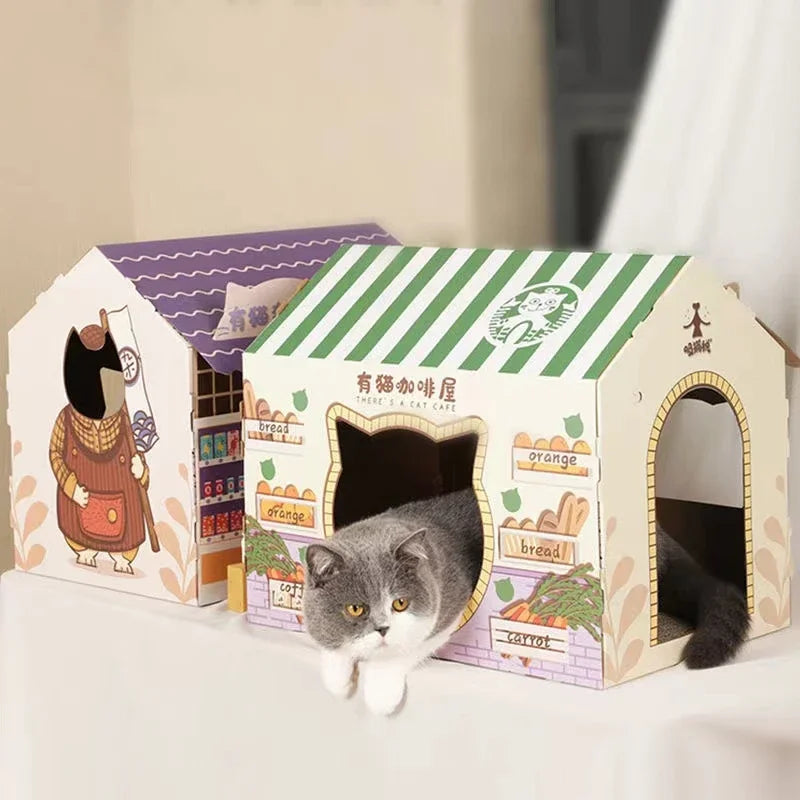 Removable Cat House Corrugated Stratching Post Toy Scratcher Cardboard Scraper for Cats Kitten Scratch Sleeping Bed