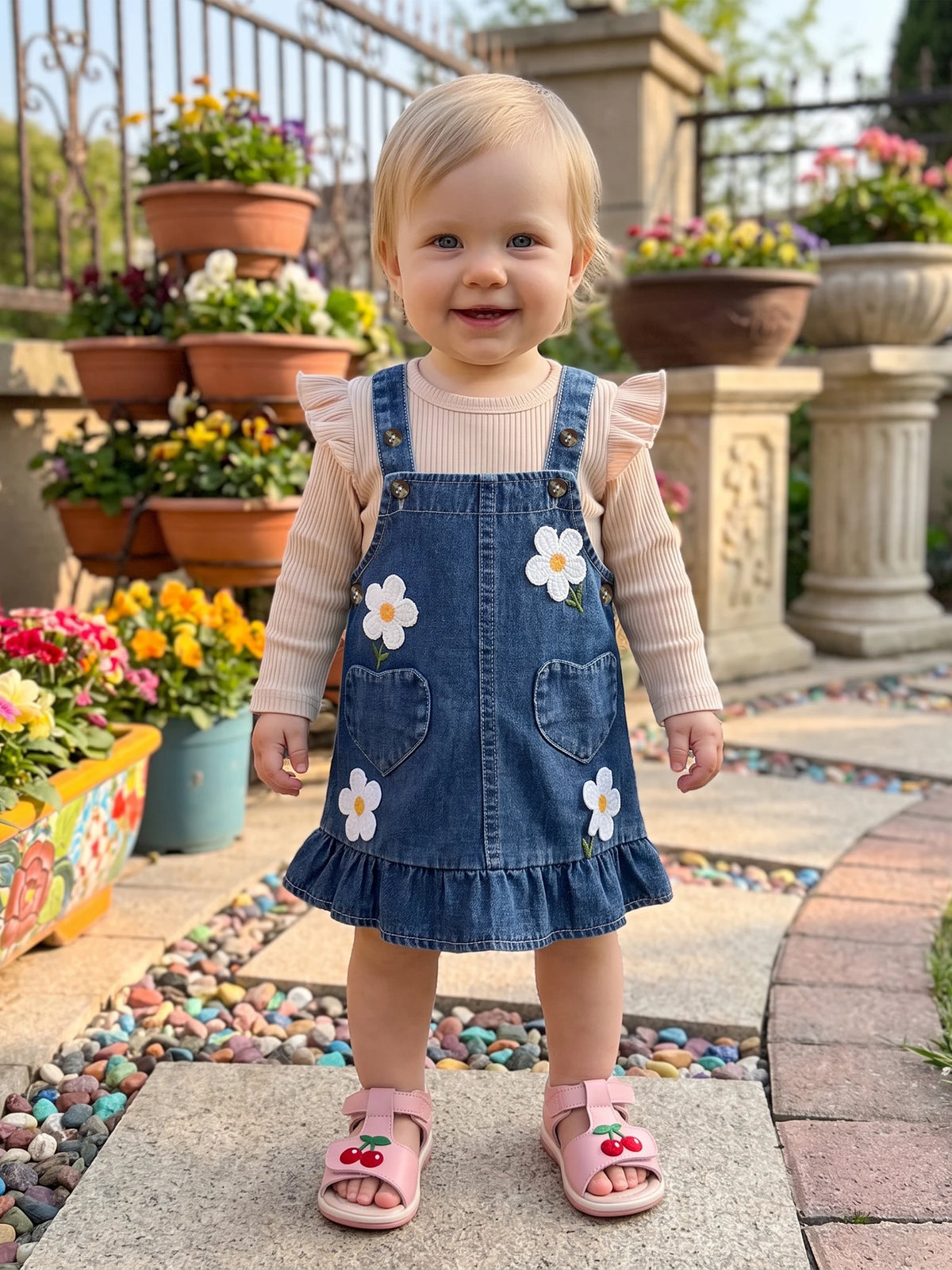Baby Girl Fall Winter Outfit Fly Long Sleeve T Shirt Sleeveless 3D Flower Denim Dress 2Pcs Set
