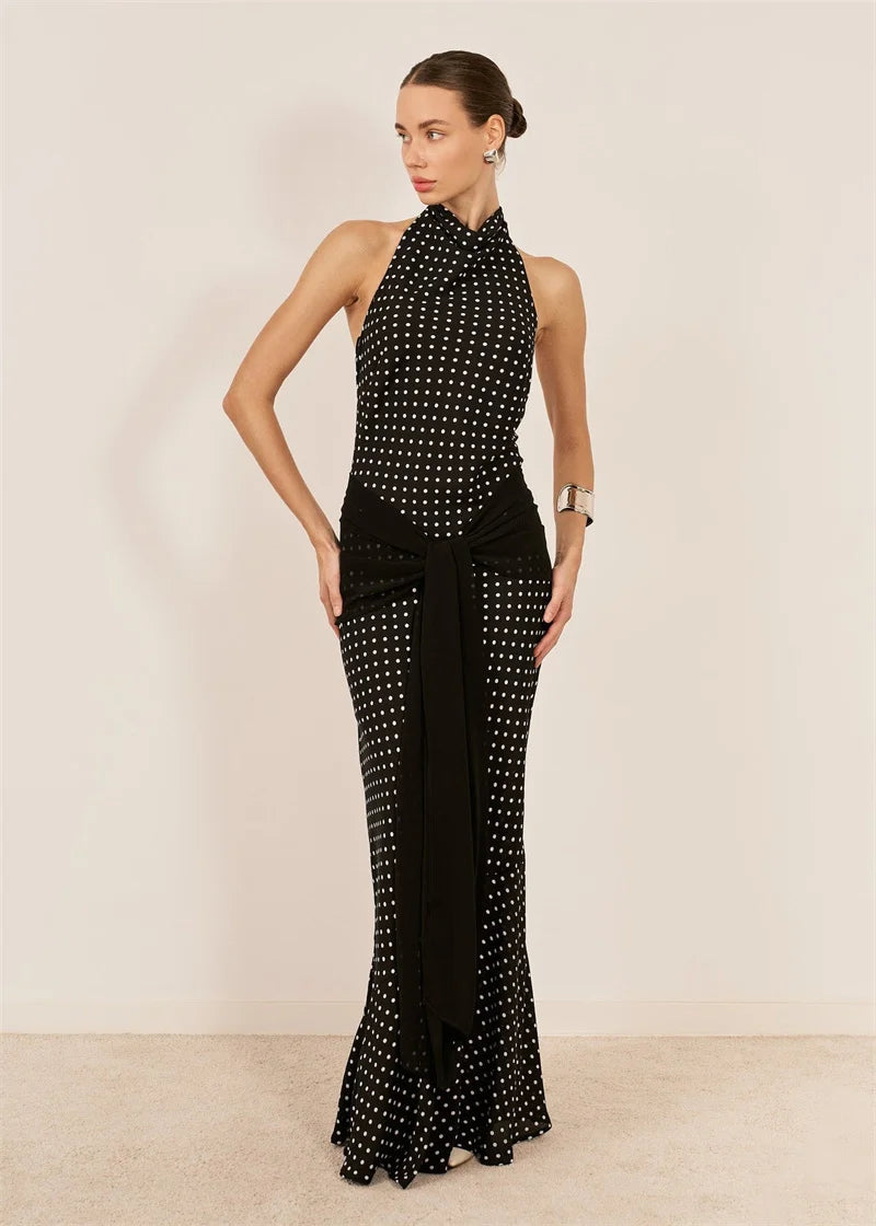 Blifanbo Polka Dot Halter Backless Sexy Maxi Dress Women Gown Ribbon Patchwork Off-shoulder Sleeveless Fashion Club Party Dress