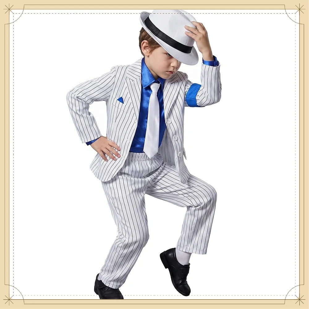 Halloween Carnival Boys Jackson Costume Dancer Singer Moonwalk Stage Outfits 80s Pop Rock Superstar Dress Up White Striped Suit