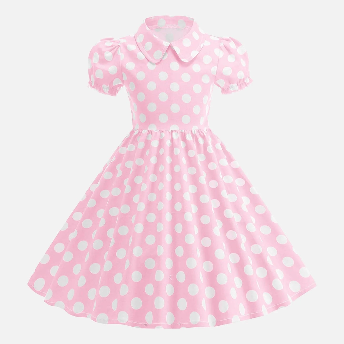 Girls Vintage Polka Dot Summer Dresses Elegant 50s Turn Down Collar Short Sleeve Princess Cocktail Dress Children'S Clothing