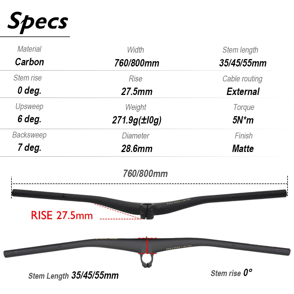MTB Carbon Handlebar For RSL,Stem Rise 0°, Stem Length 35/45/55, Clamping 28.6mm Rise 27.5mm Width 760mm Mountain Bike Part