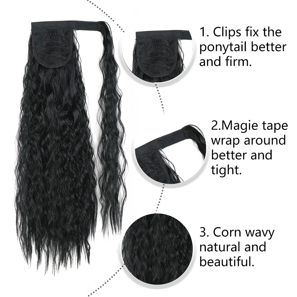LANSA Synthetic Long Curly Ponytail Natural Puff Wrap Around Clip In Ponytails Hair Extensions Black Brown Ponytail For Women