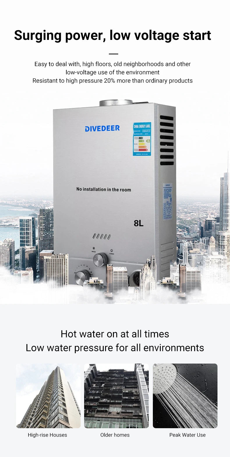 DIVEDEER 6L–18L Portable Instant-Heat LPG Water Heater for Home Use Stainless Steel Construction, Easy Installation