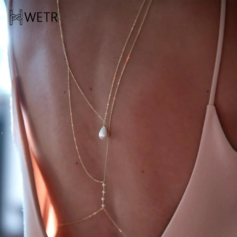 Simple Multilayer Pearl Back Drop Chain Necklace Women Fashion Metal Long Backless Body Chain Bride Wedding Jewelry Accessories