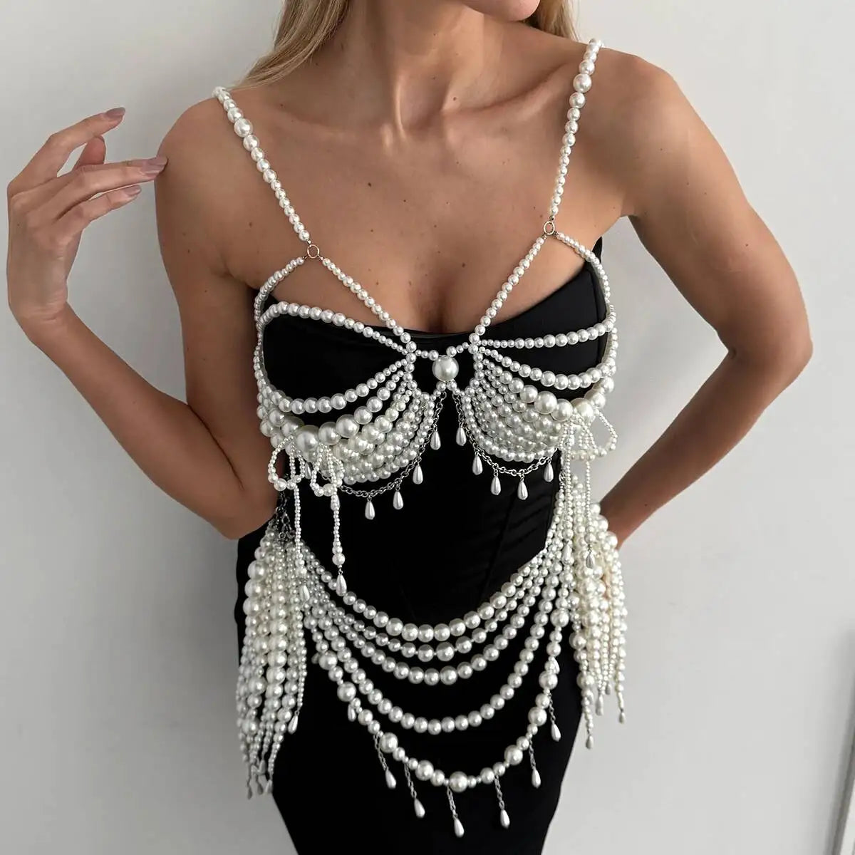 SHIXIN Elegant Multi-layer Imitation Pearl Body Chain for Women Luxury Strap Bralette Chest Chain Waist Chains Wedding Jewelry