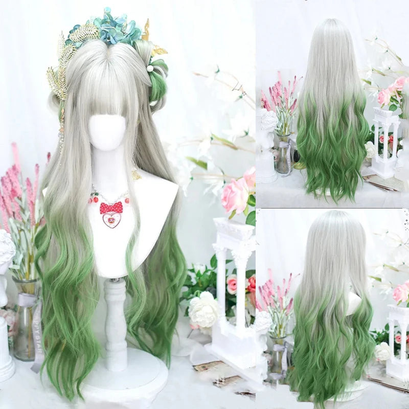 Ombre Pink Brown Wig for Women Cute Lolita Hair Wig with Bangs High Temperature Fibers Synthetic Wigs Headband Wigs for Cosplay