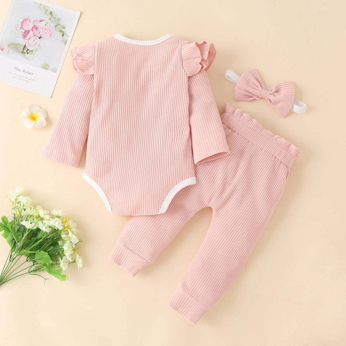 3Pcs Baby Girl Outfit Set Newborn Toddler Kids Clothing Set Baby Girls Lace Ruffles Cotton Bodysuit +Pants+Headband Clothing