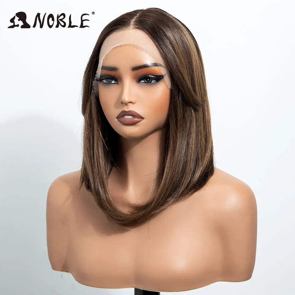 Noble 13x4 Synthetic Lace Front Wigs For Women Short Bob Wig With Bangs Pre Plucked Hairline Heat Resistan Ombre Blonde Lace Wig