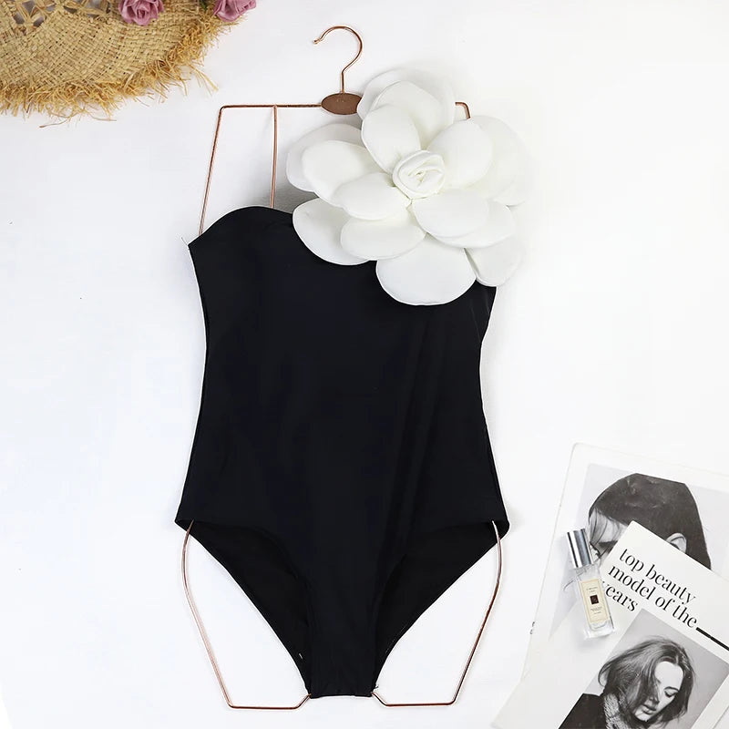 2024 Sexy Sling Ruffle Solid Two Pieces Bikini Women High Waist 3D Flower Swimsuit Skirt Summer Backless Beachwear Bathing Suit