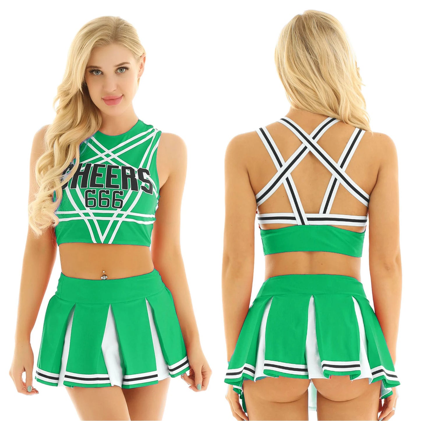 Women's Cheerleader Cosplay Costume Uniform Outfit Stand Collar Crop Top with Mini Pleated Skirts Carnival Cheerleading Suit