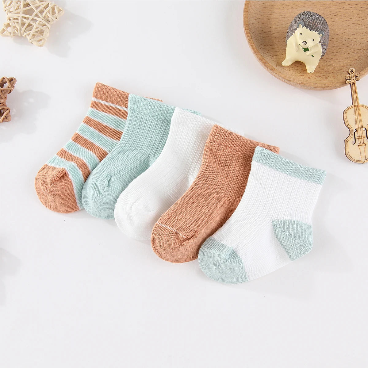 Kiddiezoom 5 Pairs Fashion Newborn Baby Boy Girl mid-calf Socks Cotton Soft Breathable Infant Accessories Four Seasons 0-12M